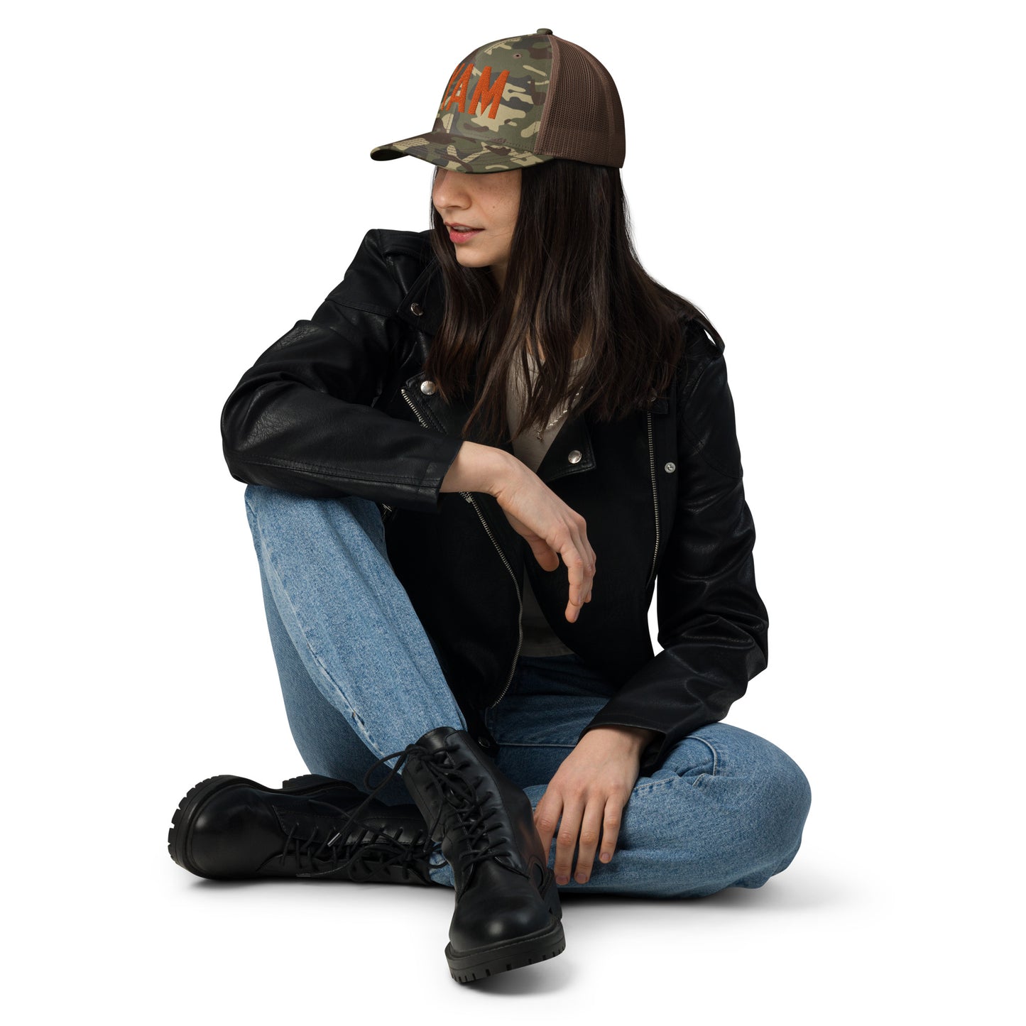 Airport Code Camouflage Trucker Hat - Orange • YAM Sault-Ste-Marie • YHM Designs - Image 06