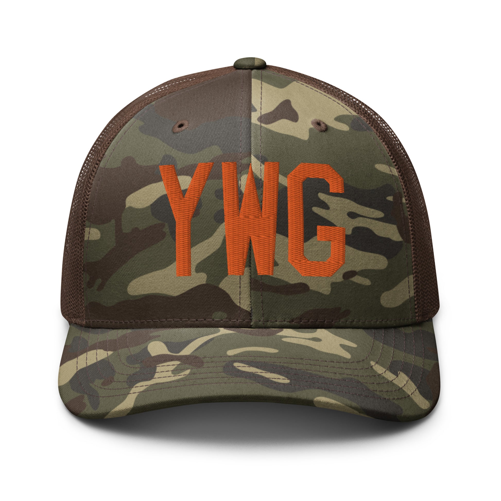 Airport Code Camouflage Trucker Hat - Orange • YWG Winnipeg • YHM Designs - Image 13