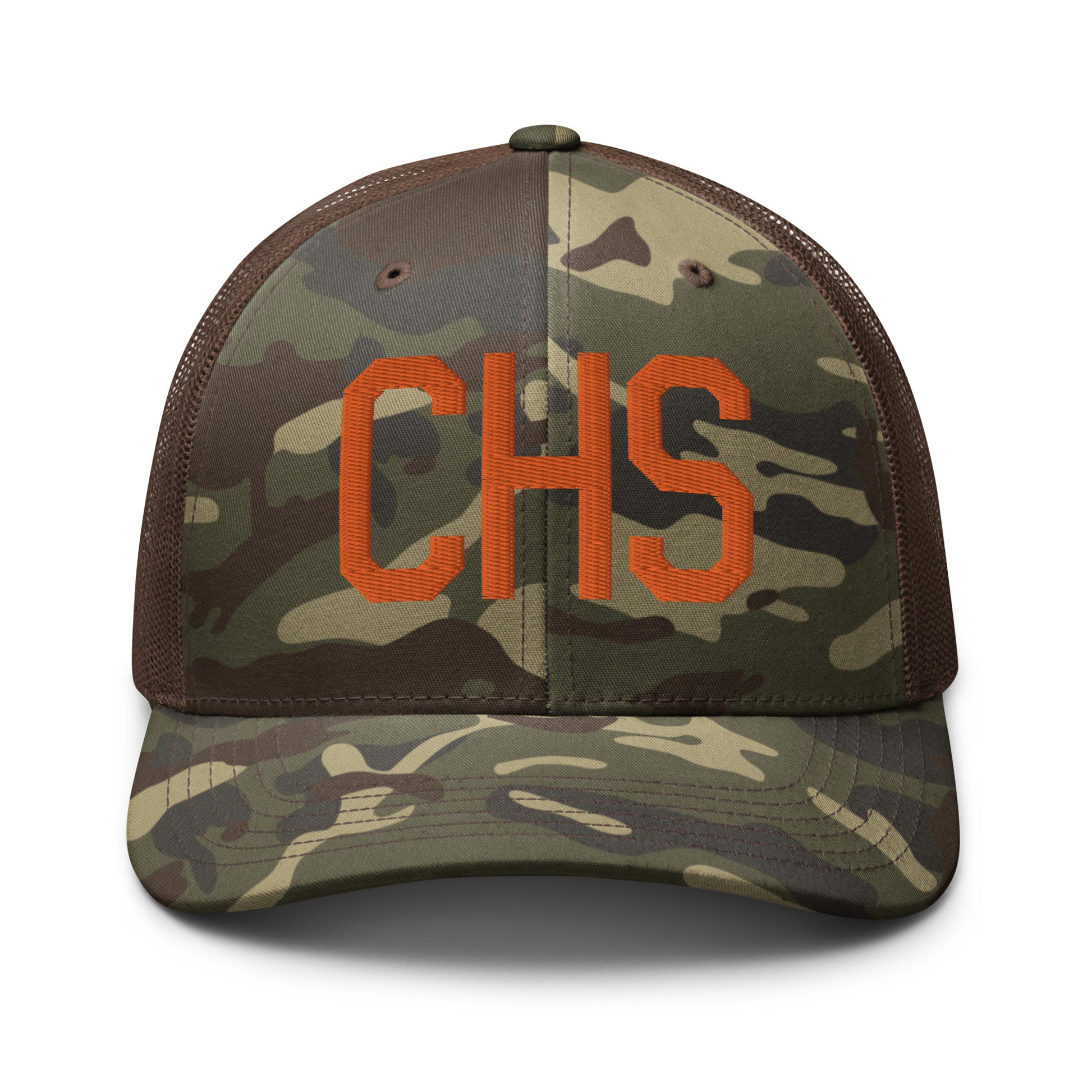 Airport Code Camouflage Trucker Hat - Orange • CHS Charleston • YHM Designs - Image 13