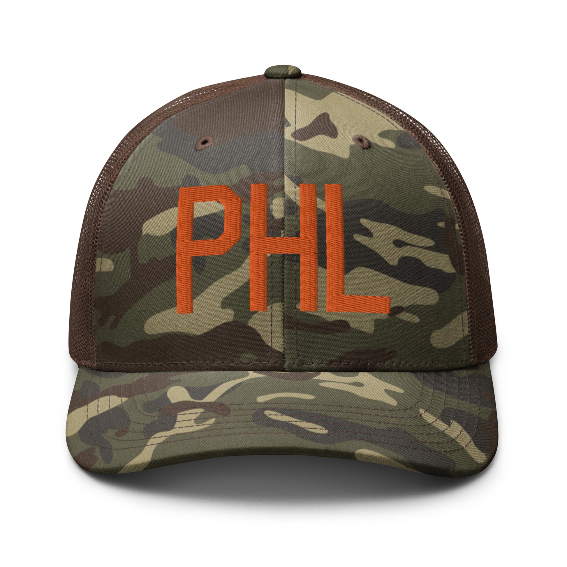 Airport Code Camouflage Trucker Hat - Orange • PHL Philadelphia • YHM Designs - Image 13