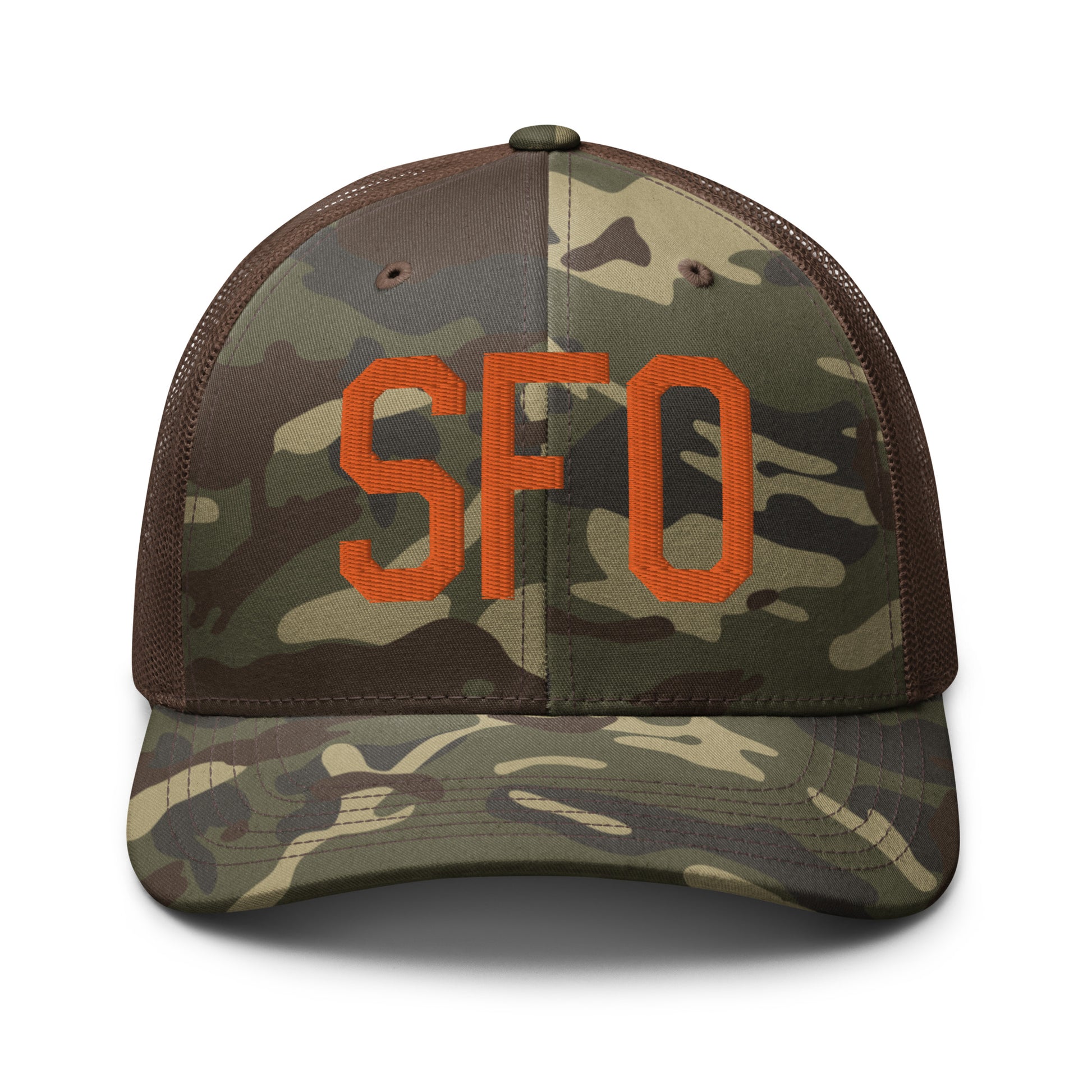 Airport Code Camouflage Trucker Hat - Orange • SFO San Francisco • YHM Designs - Image 13