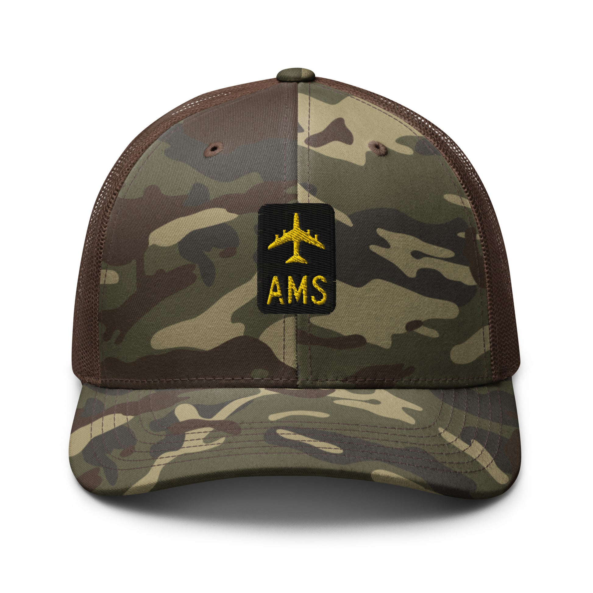 Camouflage Jetliner Trucker Hat • Black and Gold • AMS Amsterdam Souvenir • YHM Designs - Image 11