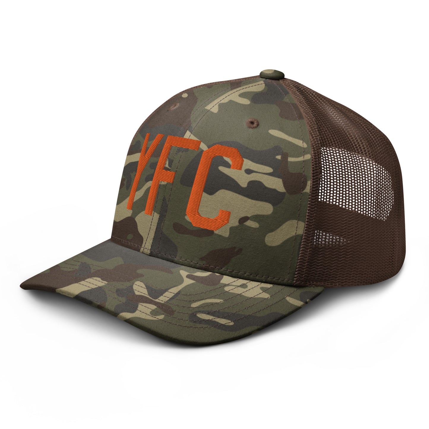 Airport Code Camouflage Trucker Hat - Orange • YFC Fredericton • YHM Designs - Image 15