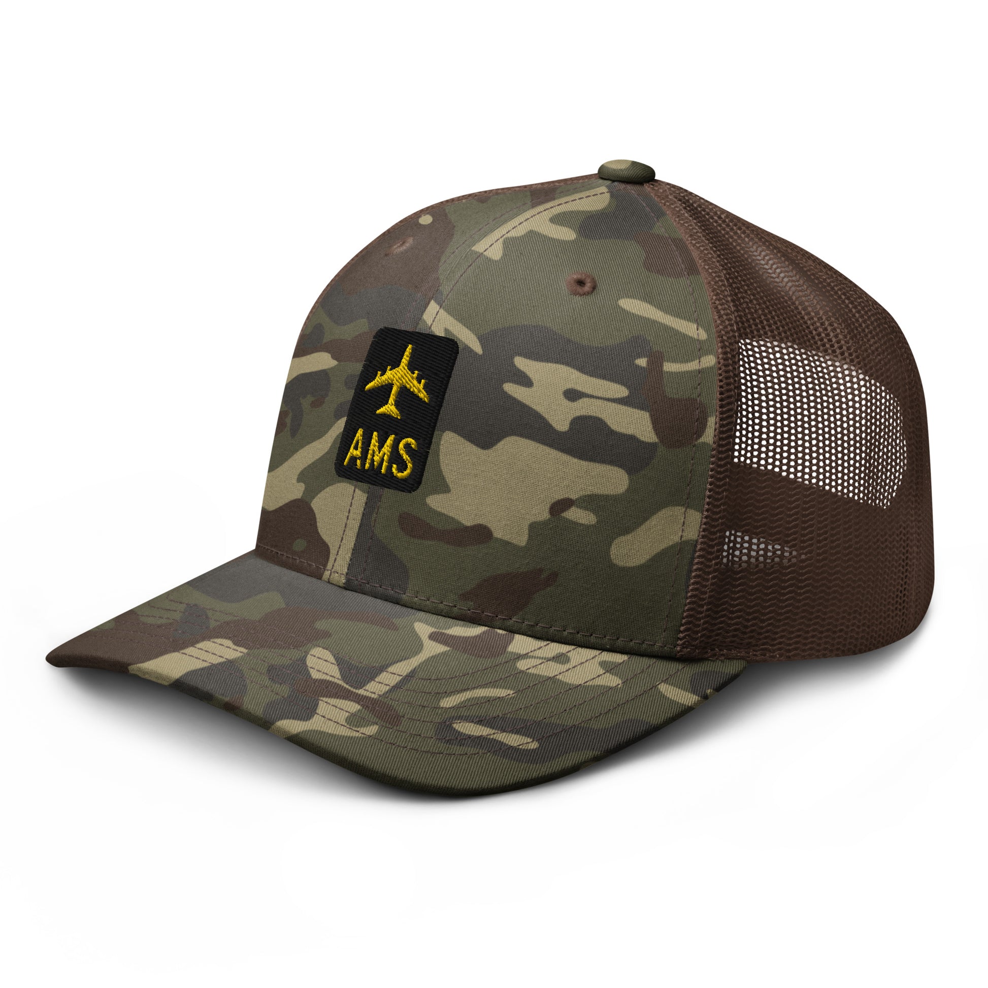 Camouflage Jetliner Trucker Hat • Black and Gold • AMS Amsterdam Souvenir • YHM Designs - Image 14