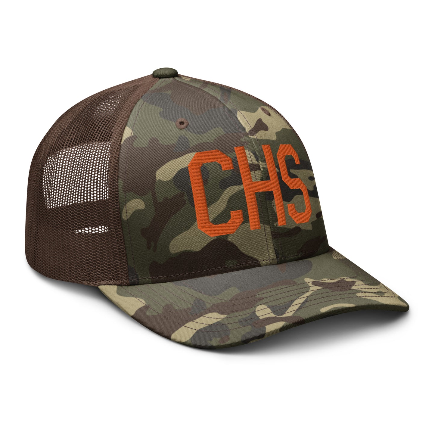 Airport Code Camouflage Trucker Hat - Orange • CHS Charleston • YHM Designs - Image 16