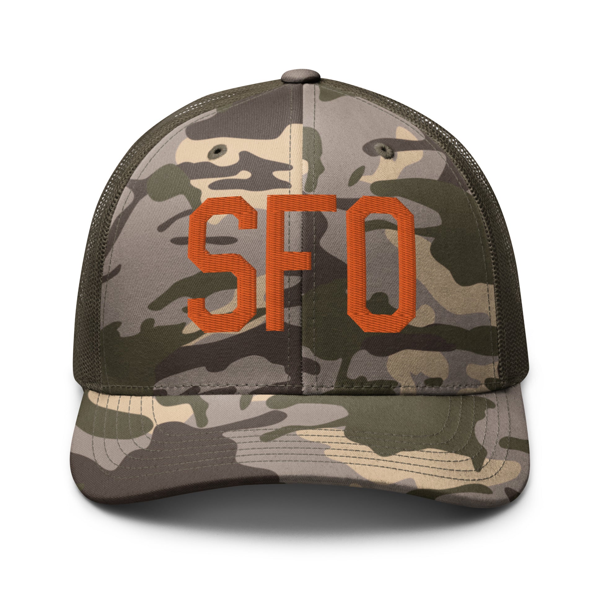 Airport Code Camouflage Trucker Hat - Orange • SFO San Francisco • YHM Designs - Image 17