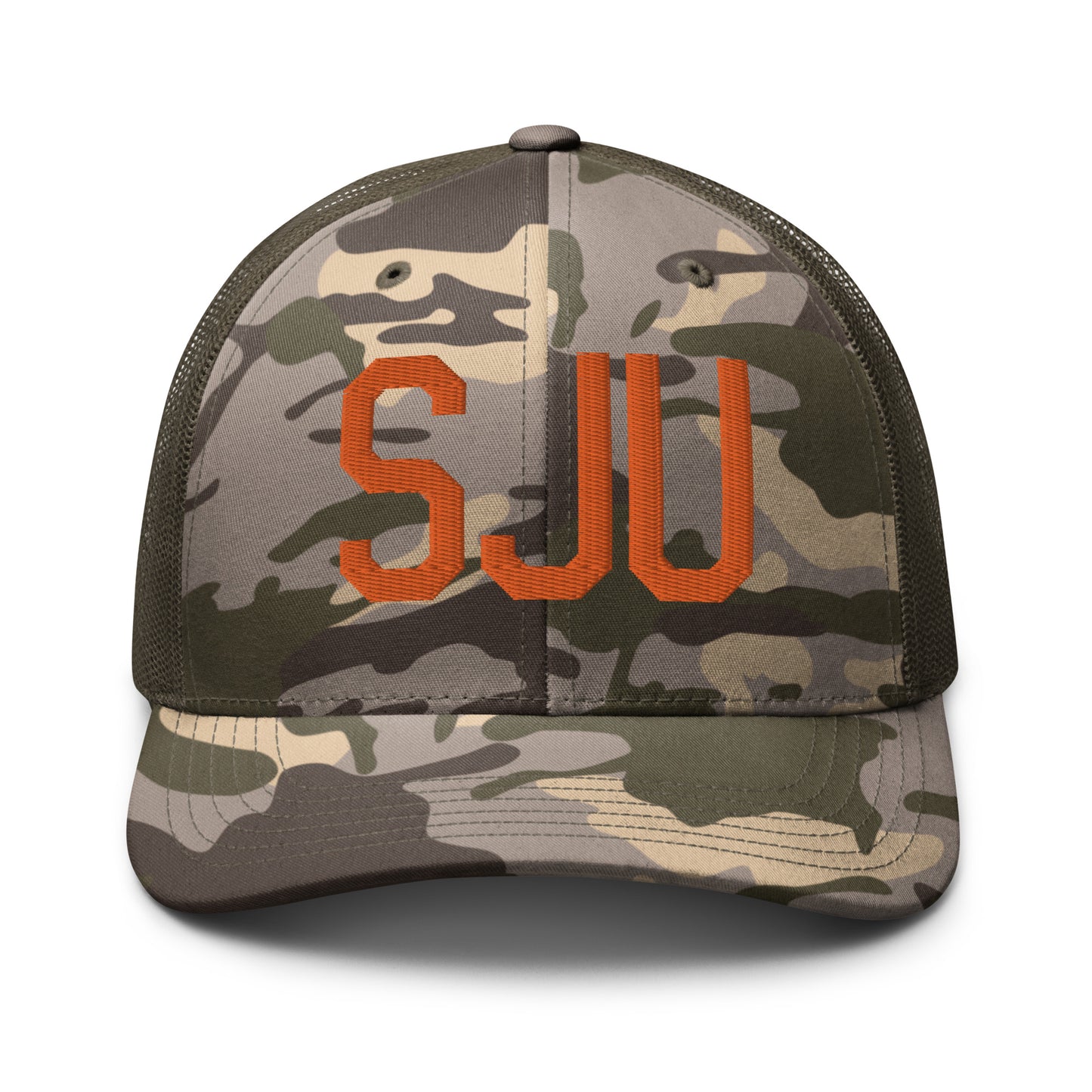 Airport Code Camouflage Trucker Hat - Orange • SJU San Juan • YHM Designs - Image 17