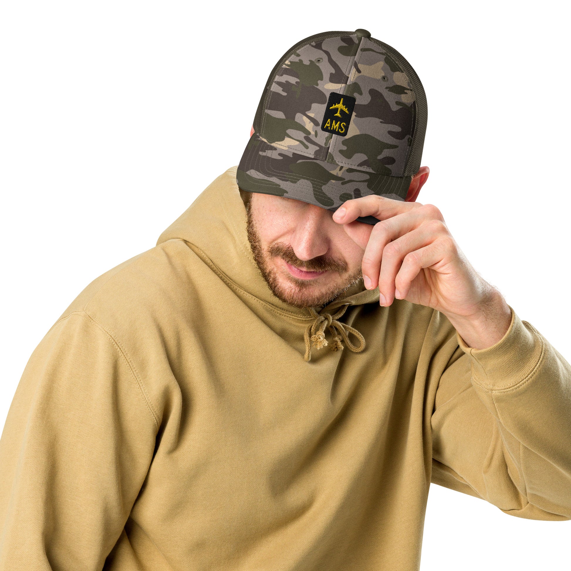 Camouflage Jetliner Trucker Hat • Black and Gold • AMS Amsterdam Souvenir • YHM Designs - Image 05