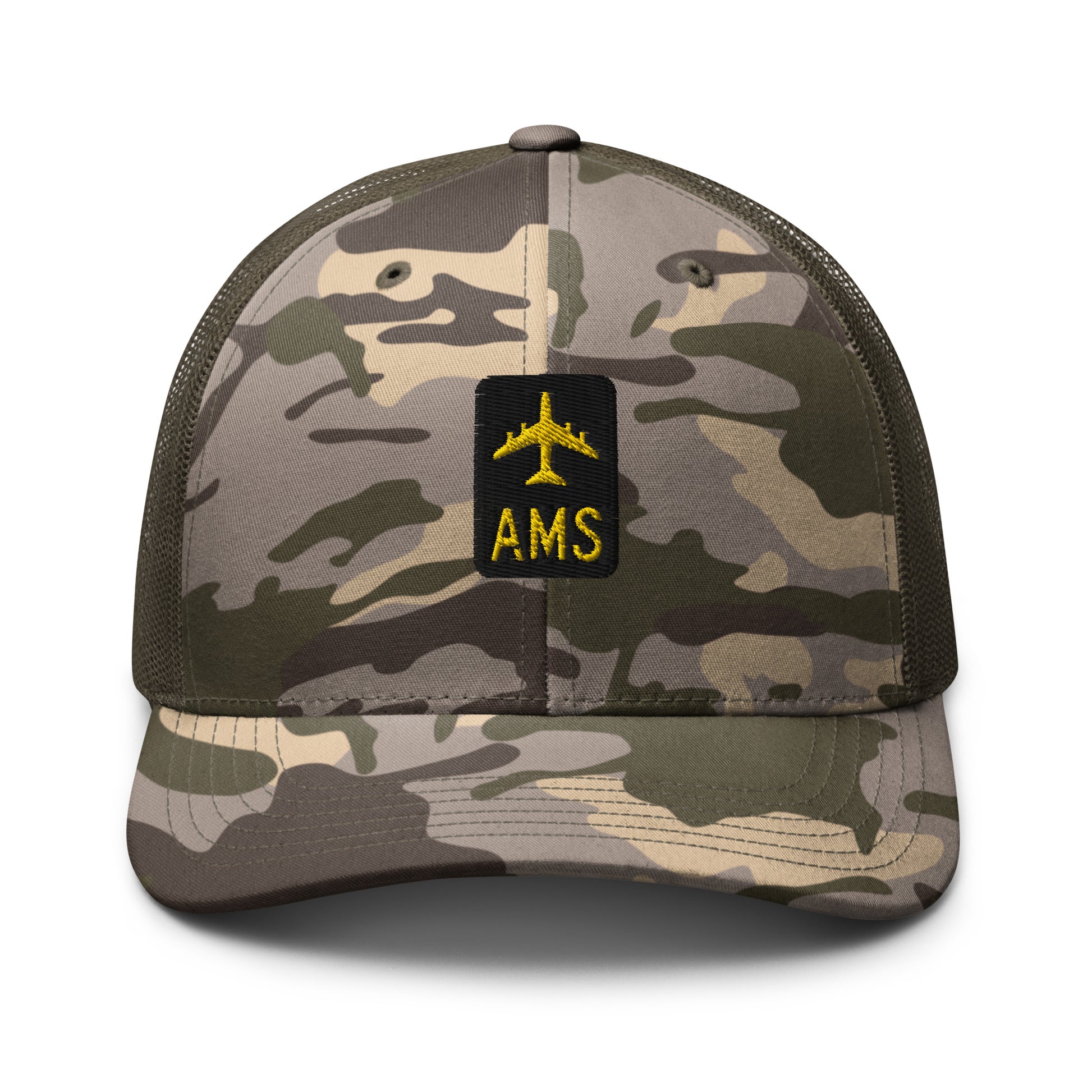 Camouflage Jetliner Trucker Hat • Black and Gold • AMS Amsterdam Souvenir • YHM Designs - Image 15