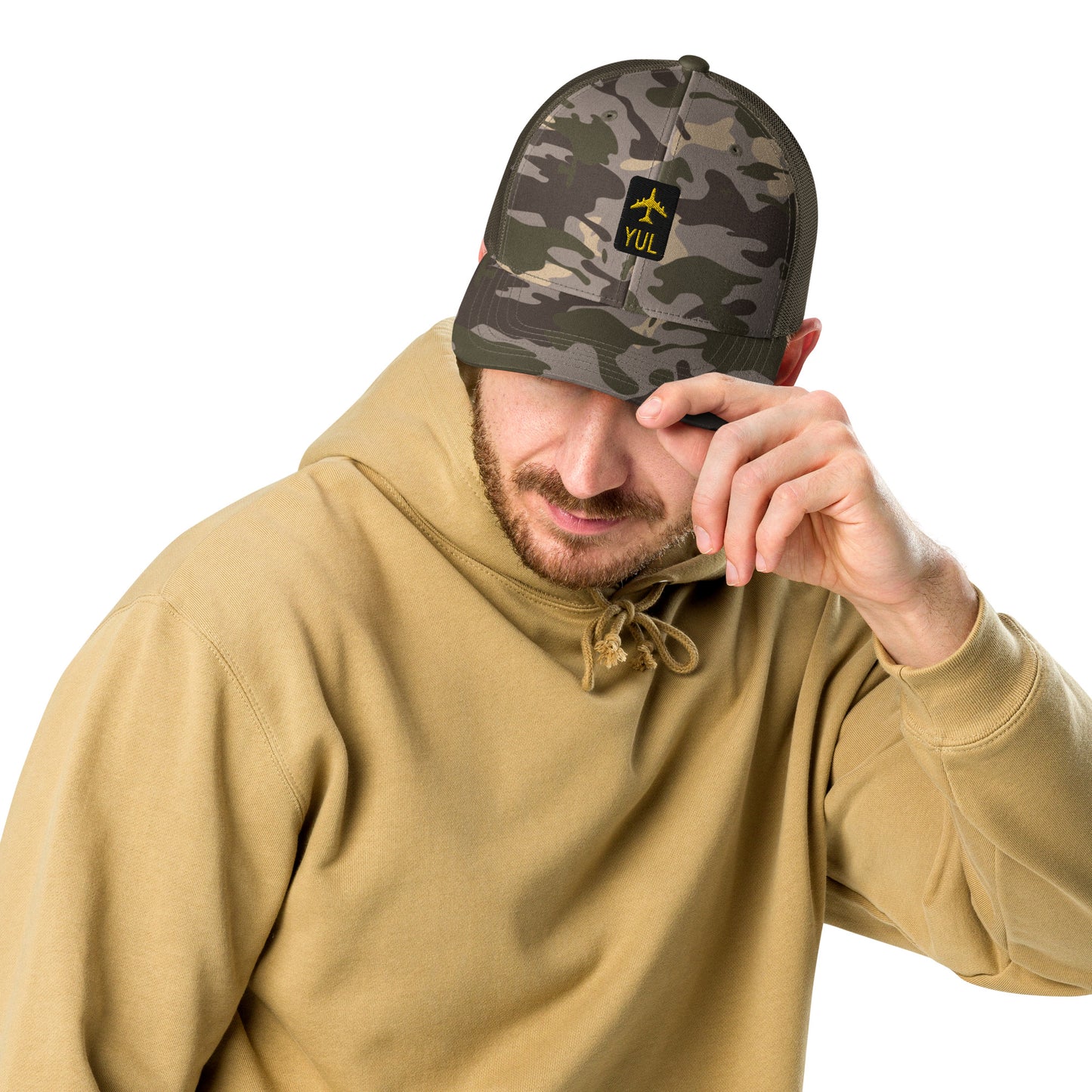 Camouflage Jetliner Trucker Hat • Black and Gold • YUL Montreal • YHM Designs - Image 05