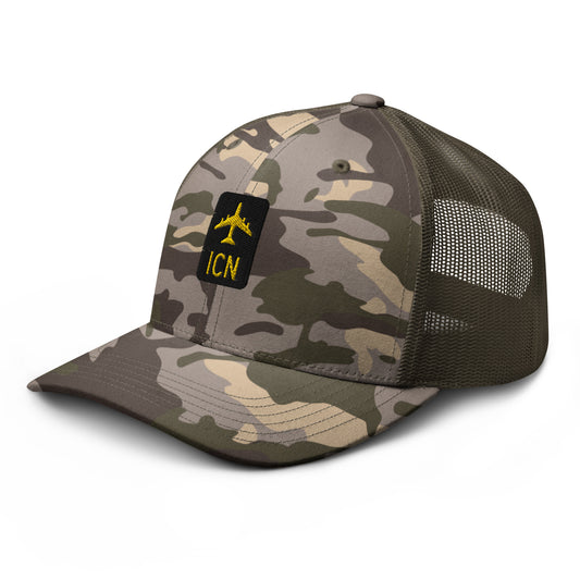 Camouflage Jetliner Trucker Hat • Black and Gold • ICN Seoul Souvenir • YHM Designs - Image 01