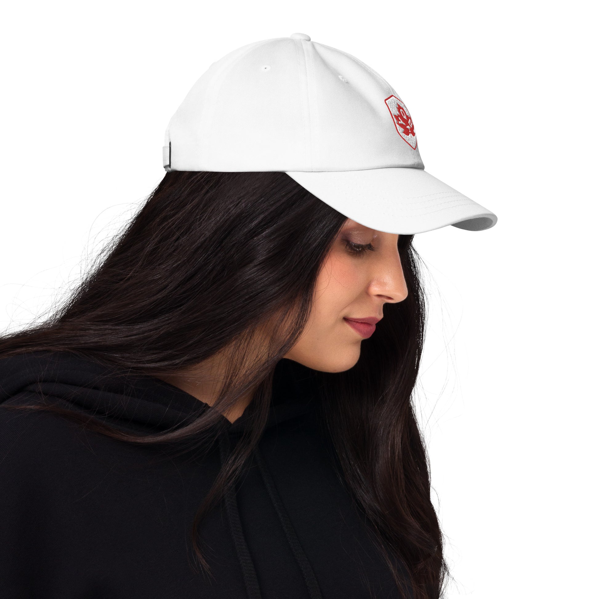 YQB Quebec City Baseball Cap • Maple Leaf Shield Design - Red & White • YHM Designs - Image 04