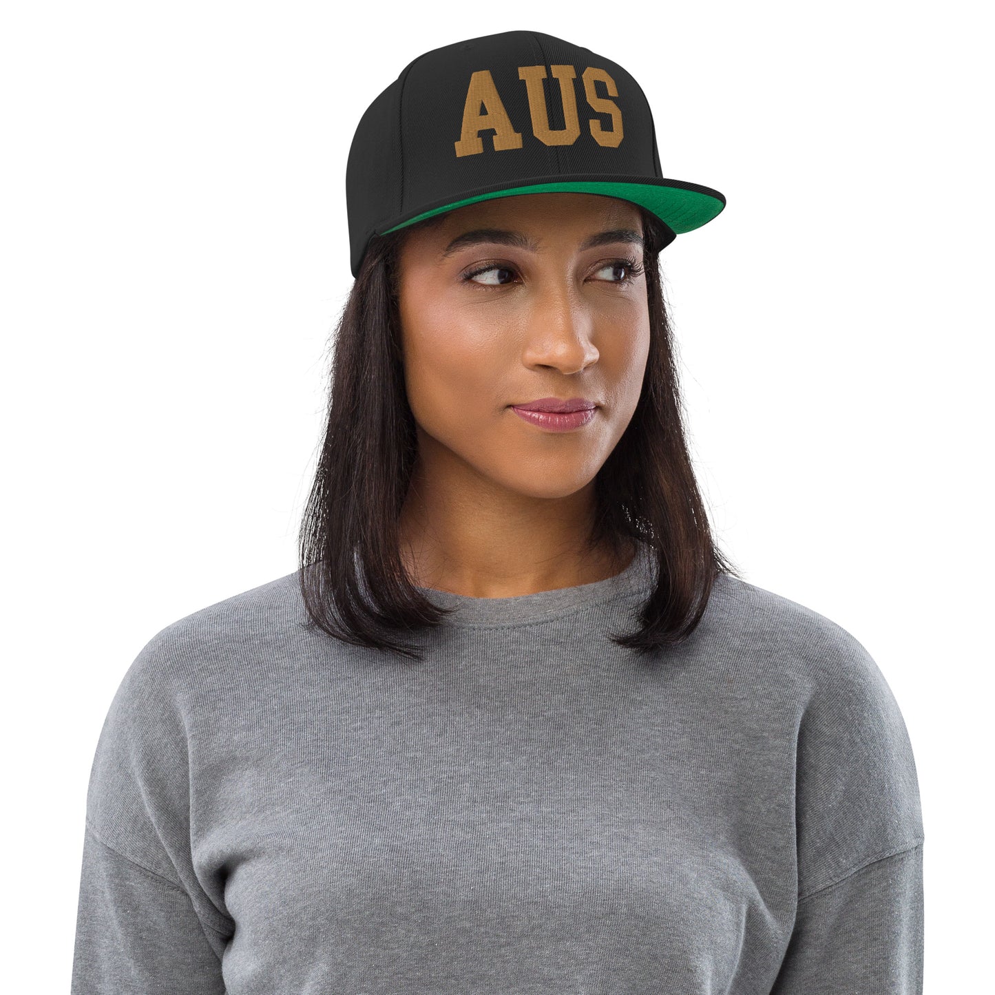 College-Style Classic Snapback Hat • Old Gold • AUS Austin Souvenir • YHM Designs - Image 04
