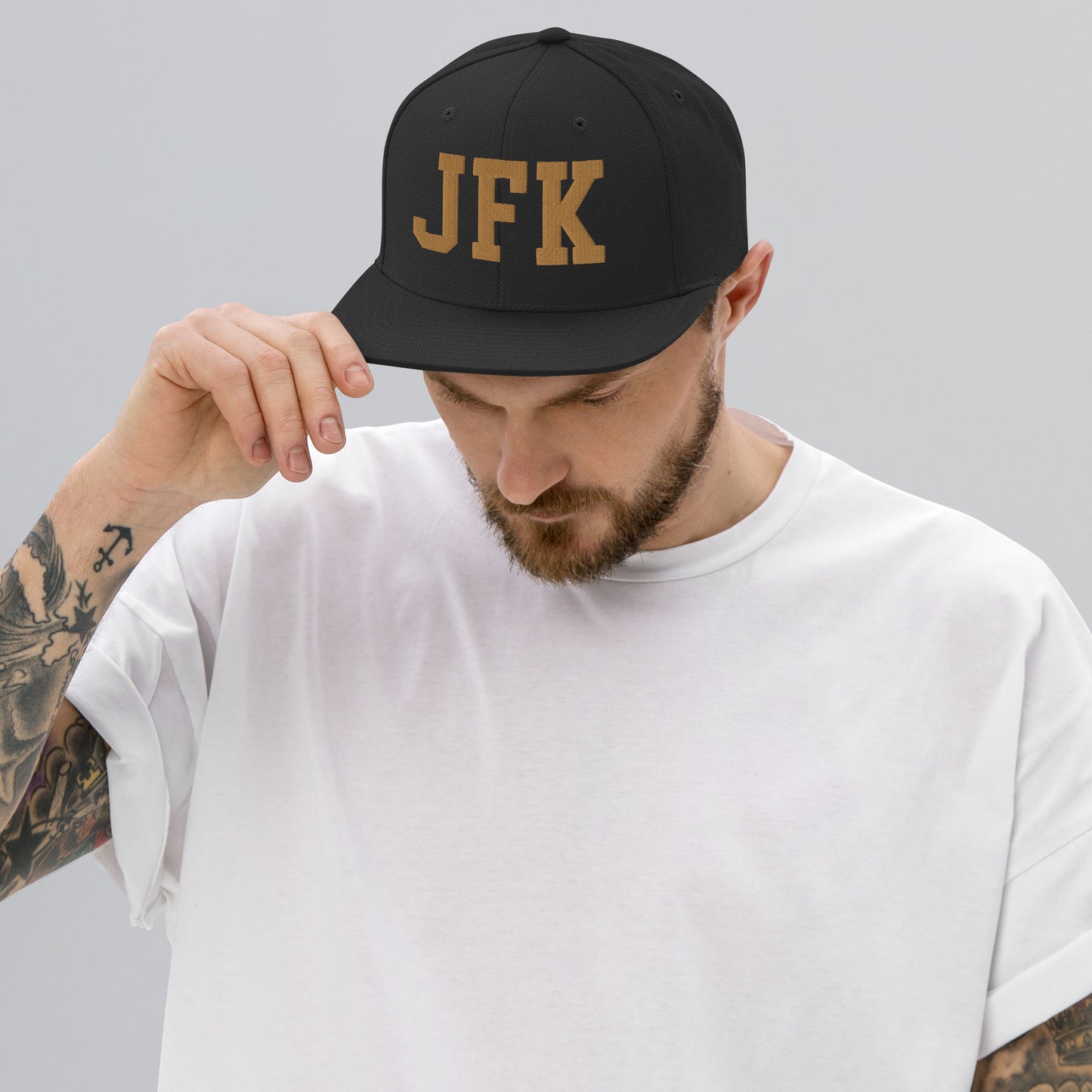 College-Style Classic Snapback Hat • Old Gold • JFK New York City Souvenir • YHM Designs - Image 06