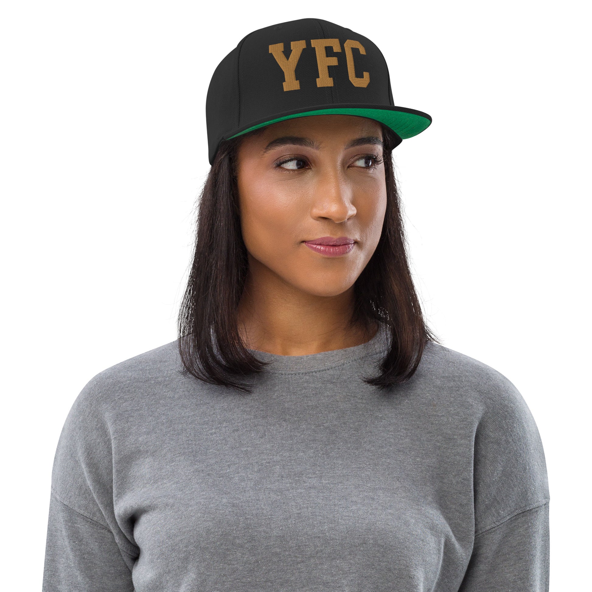 College-Style Classic Snapback Hat • Old Gold • YFC Fredericton Souvenir • YHM Designs - Image 04