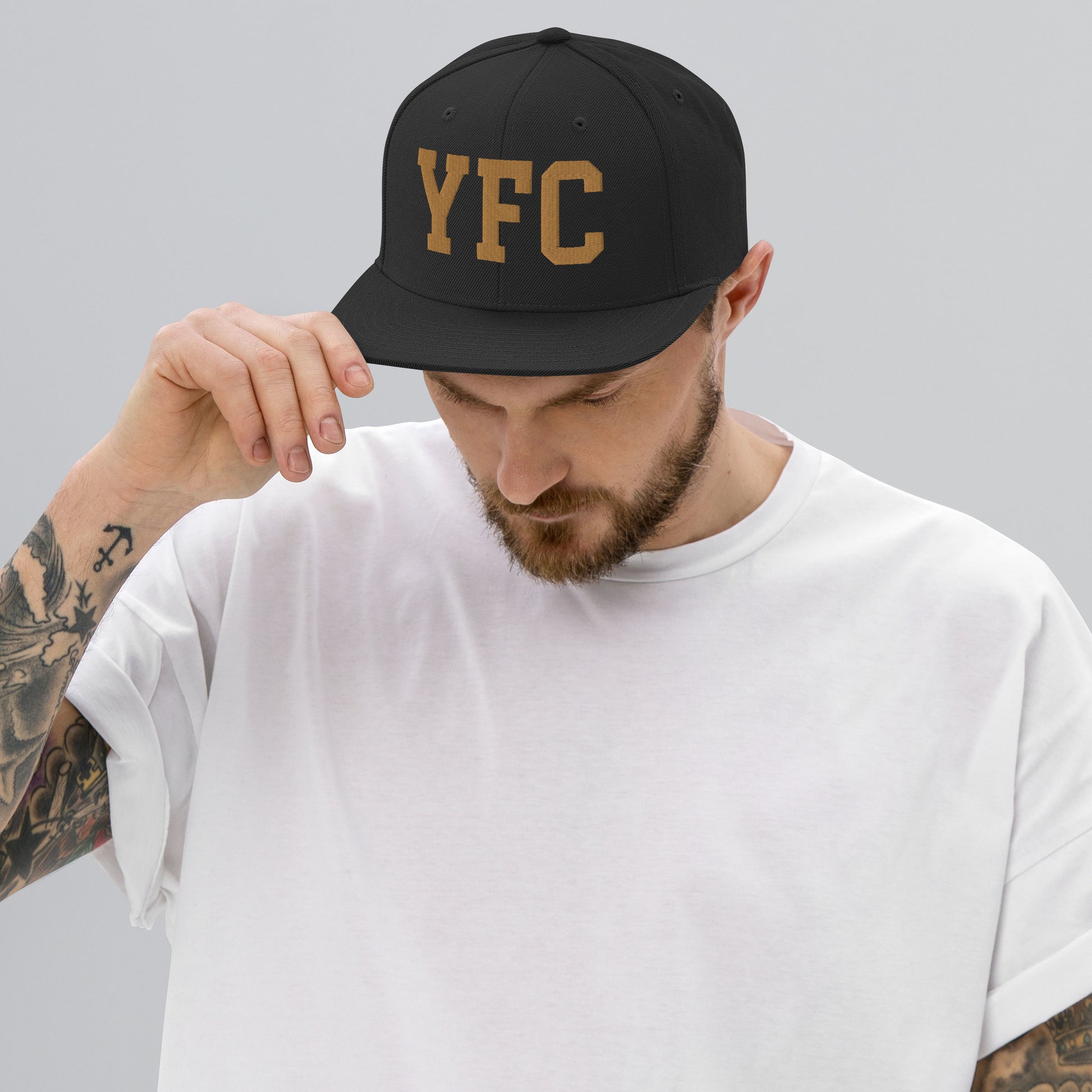 College-Style Classic Snapback Hat • Old Gold • YFC Fredericton Souvenir • YHM Designs - Image 06