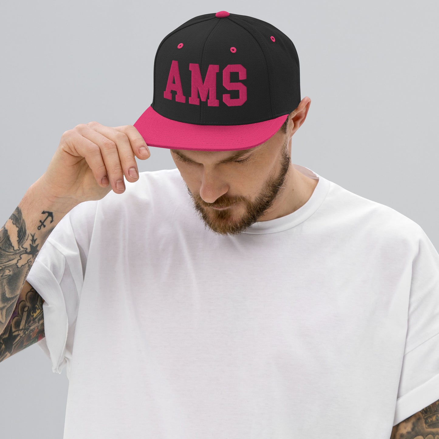 College-Style Classic Snapback Hat • Pink Embroidery • AMS Amsterdam • YHM Designs - Image 06
