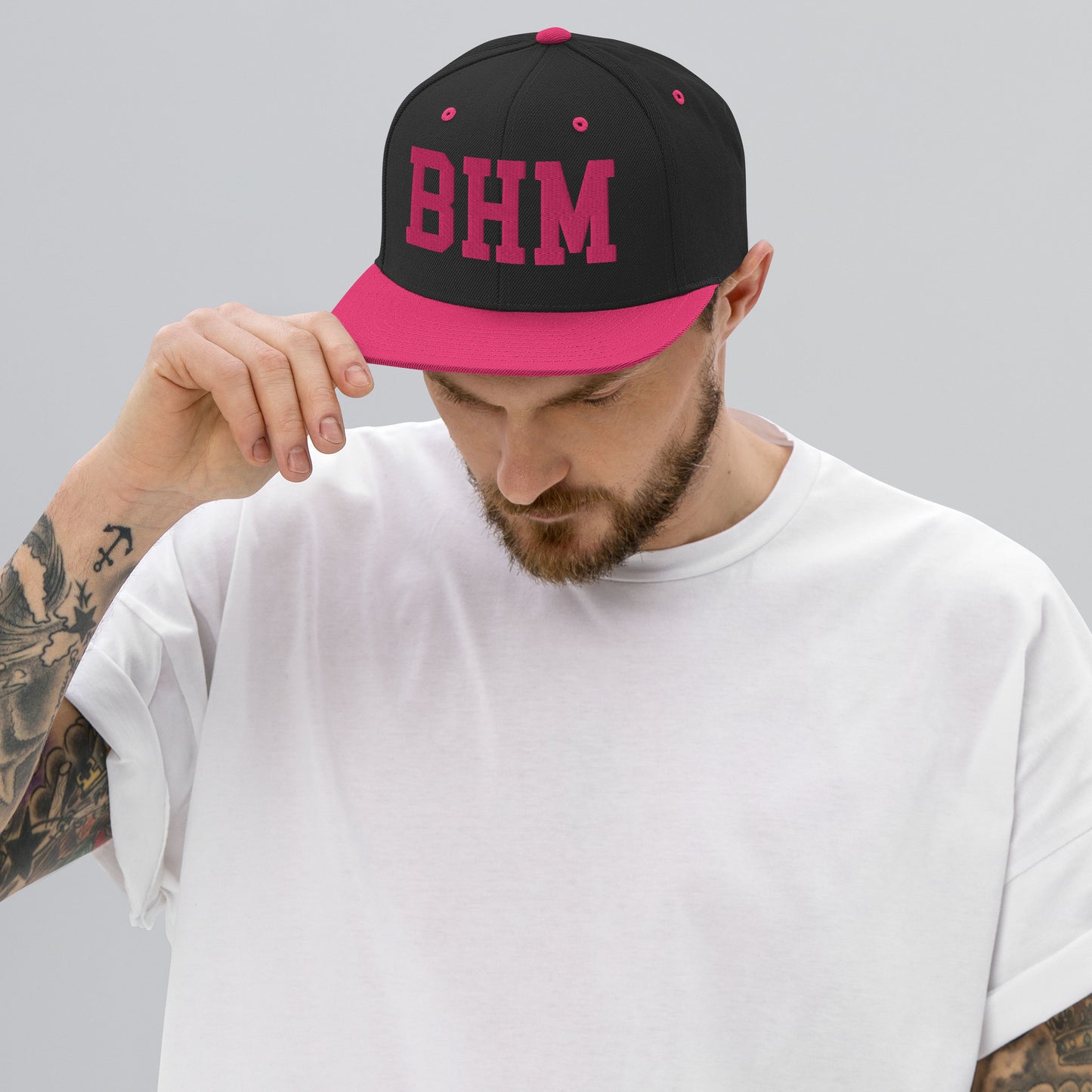 College-Style Classic Snapback Hat • Pink Embroidery • BHM Birmingham • YHM Designs - Image 06