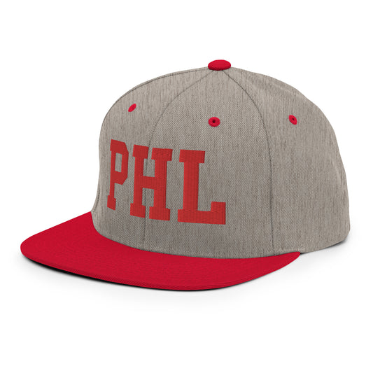 College-Style Classic Snapback Hat • Red • PHL Philadelphia Souvenir • YHM Designs - Image 01