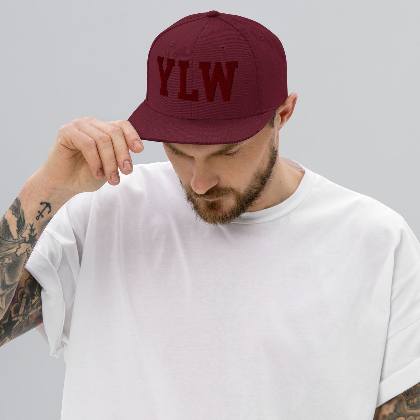 College-Style Snapback Hat • Maroon Embroidery • YLW Kelowna Souvenir • YHM Designs - Image 06
