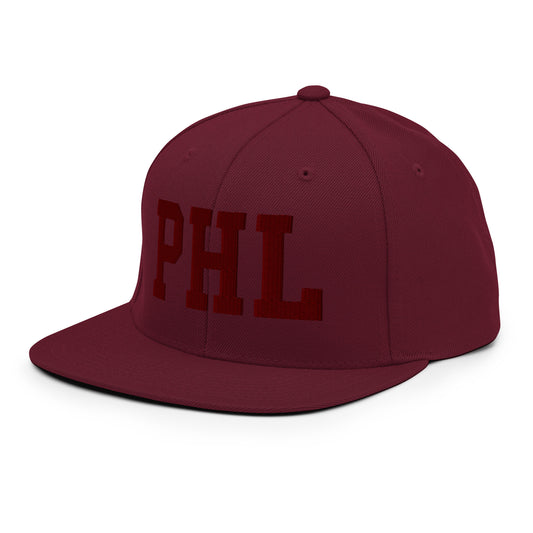 College-Style Snapback Hat • Maroon Embroidery • PHL Philadelphia Souvenir • YHM Designs - Image 01