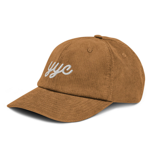 YYC Calgary Corduroy Baseball Cap • Vintage Script Lettering in White • YHM Designs - Image 01