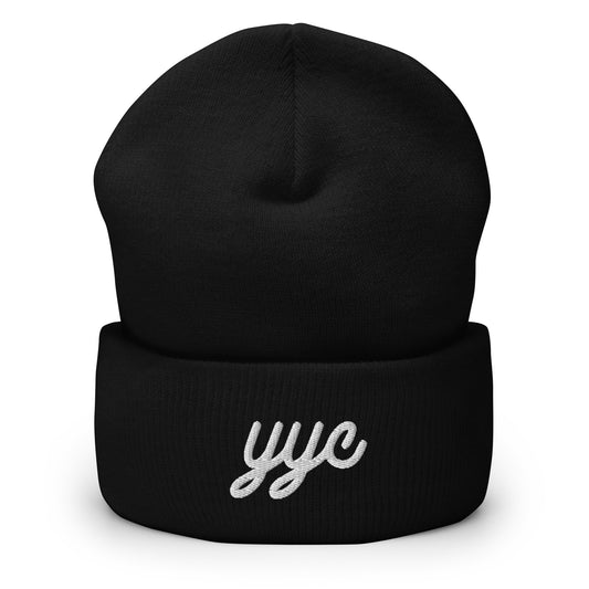 YYC Calgary Cuffed Beanie • Vintage Script Lettering in White • YHM Designs - Image 01
