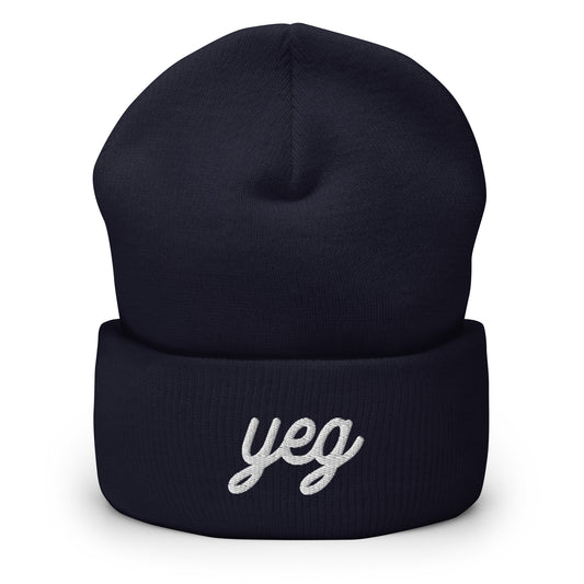 YEG Edmonton Cuffed Beanie • Vintage Script Lettering in White • YHM Designs - Image 02