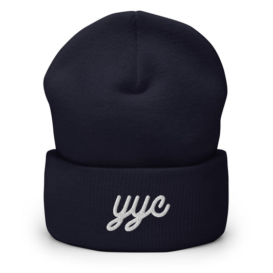 YYC Calgary Cuffed Beanie • Vintage Script Lettering in White • YHM Designs - Image 02
