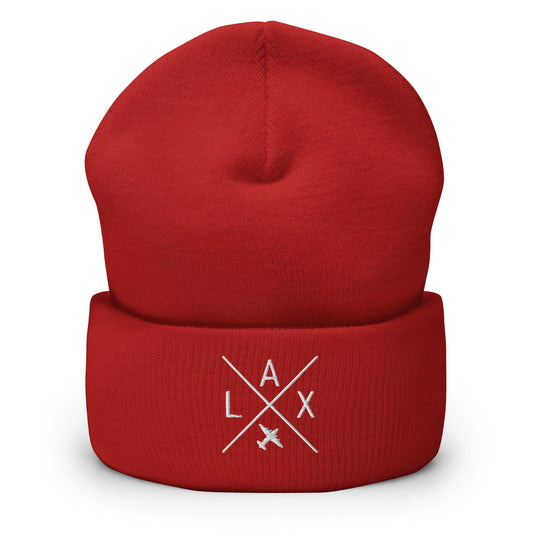 Crossed-X Cuffed Beanie - White • LAX Los Angeles • YHM Designs - Image 01