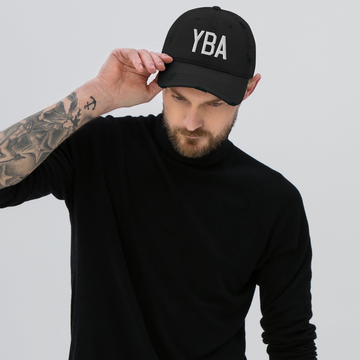 Airport Code Distressed Hat - White • YBA Banff • YHM Designs - Image 02