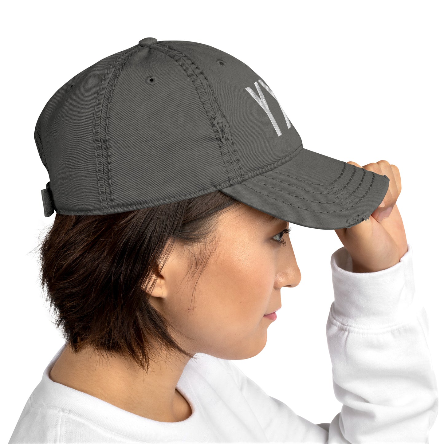 Airport Code Distressed Hat - White • YXS Prince George • YHM Designs - Image 07