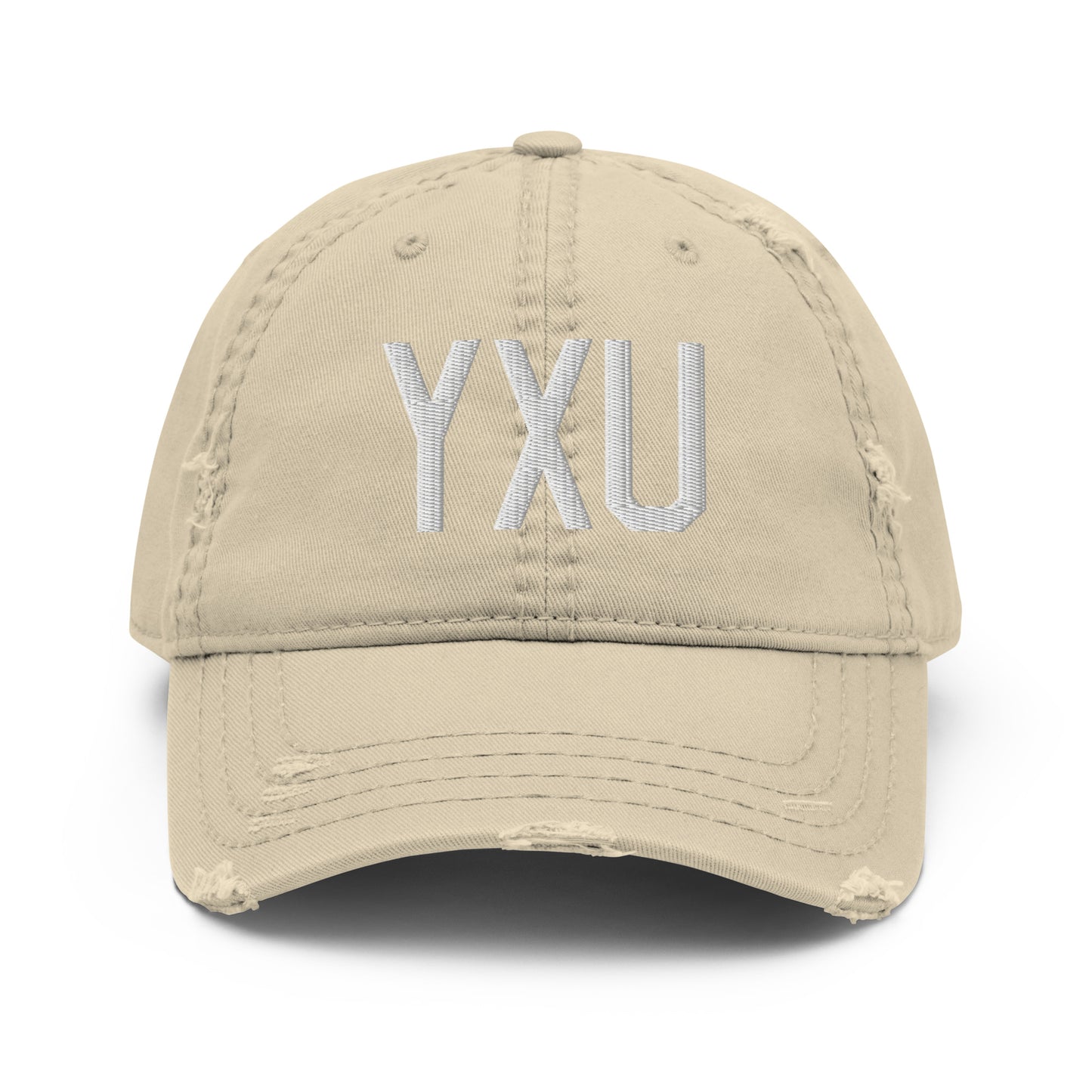 Airport Code Distressed Hat - White • YXU London • YHM Designs - Image 18