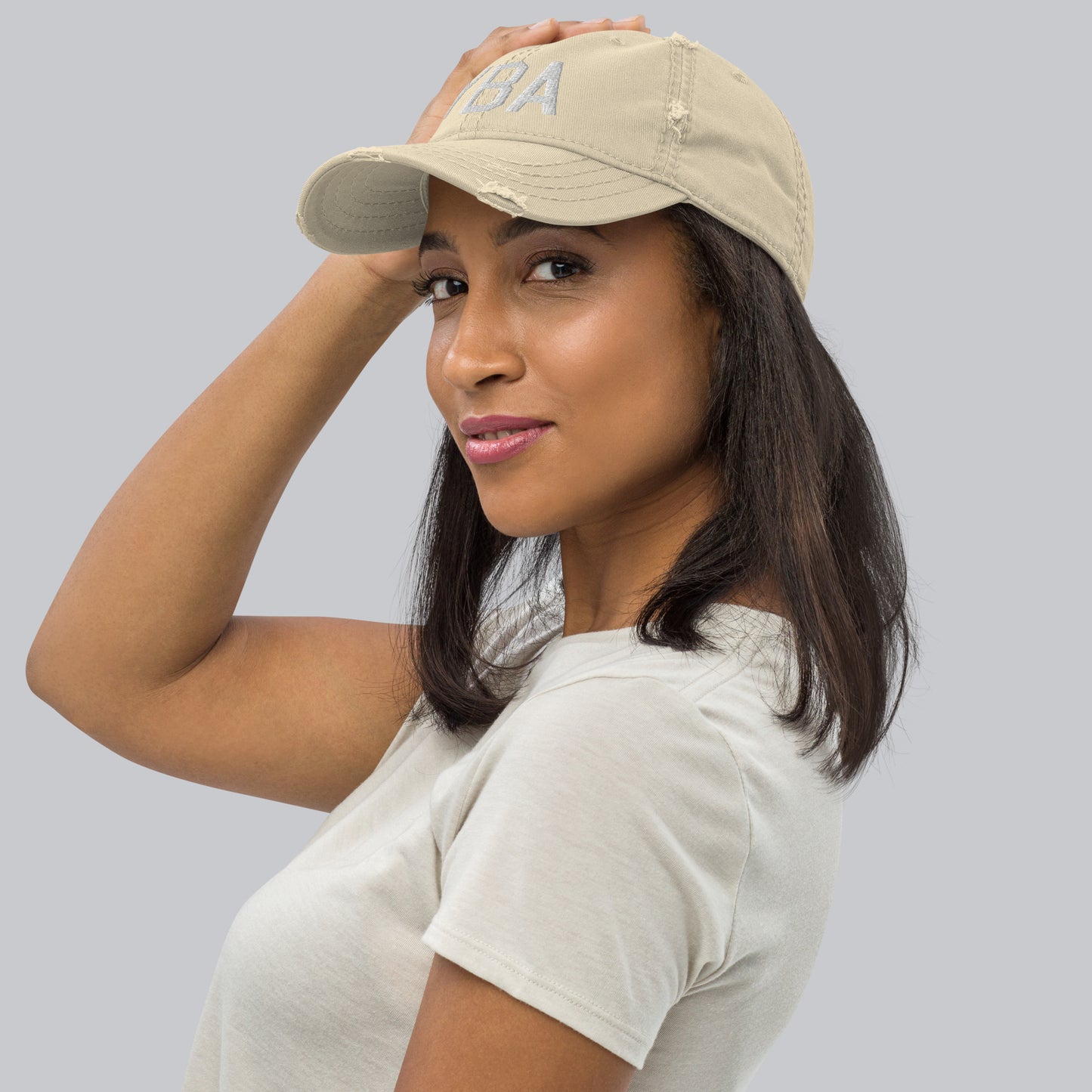 Airport Code Distressed Hat - White • YBA Banff • YHM Designs - Image 09