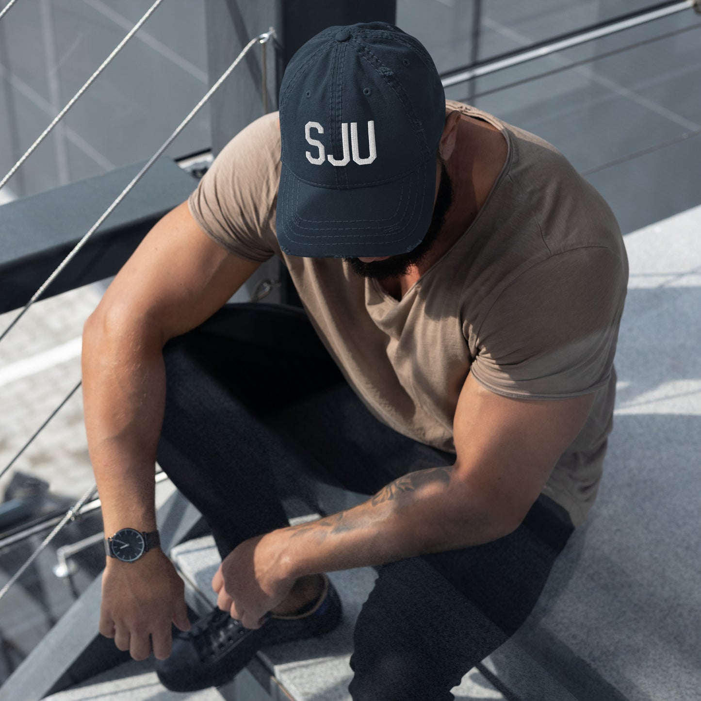 Airport Code Distressed Hat - White • SJU San Juan • YHM Designs - Image 04