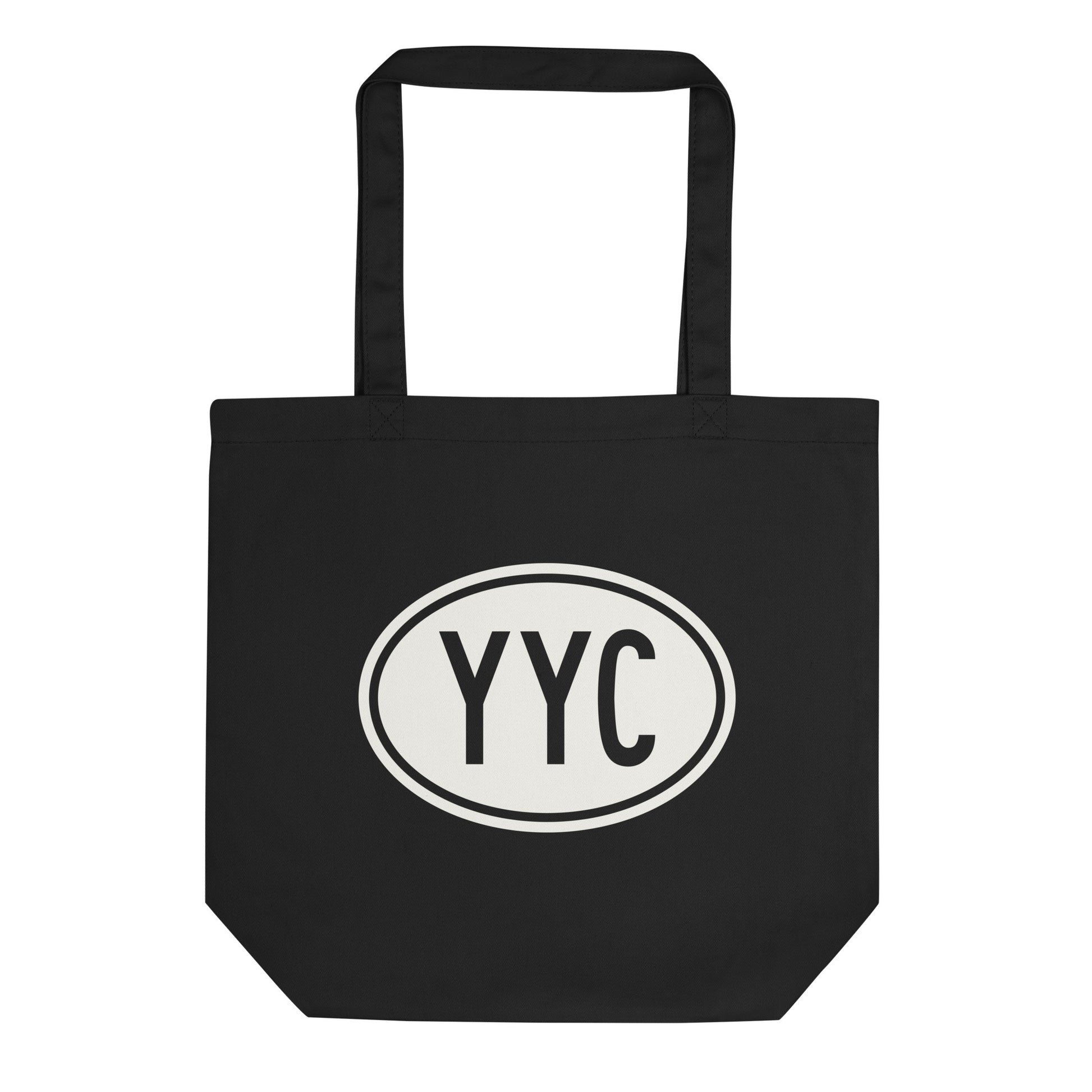 YYC Calgary Organic Tote Bag • Black with Oval Car Sticker Design • YHM Designs - Image 01