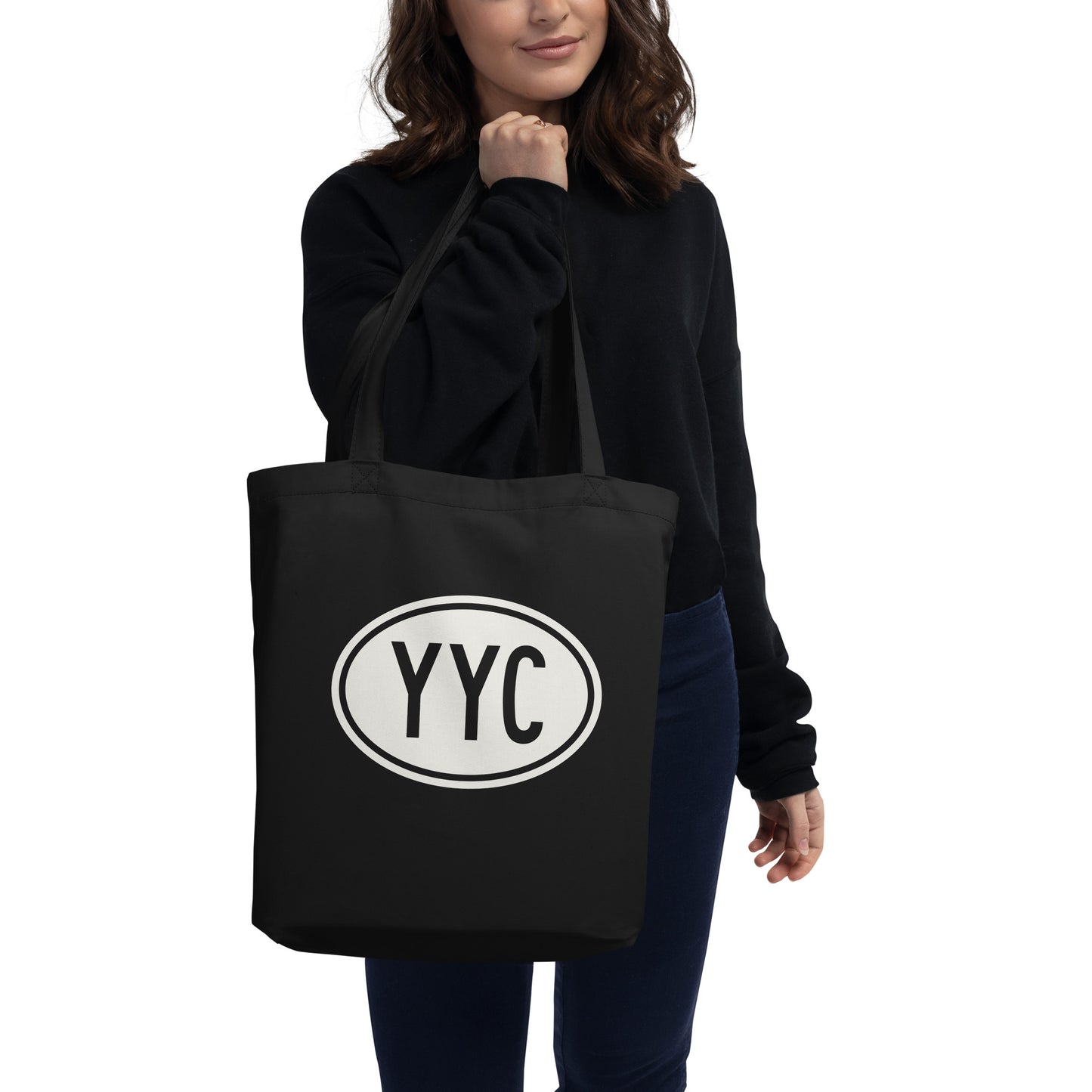 YYC Calgary Organic Tote Bag • Black with Oval Car Sticker Design • YHM Designs - Image 03