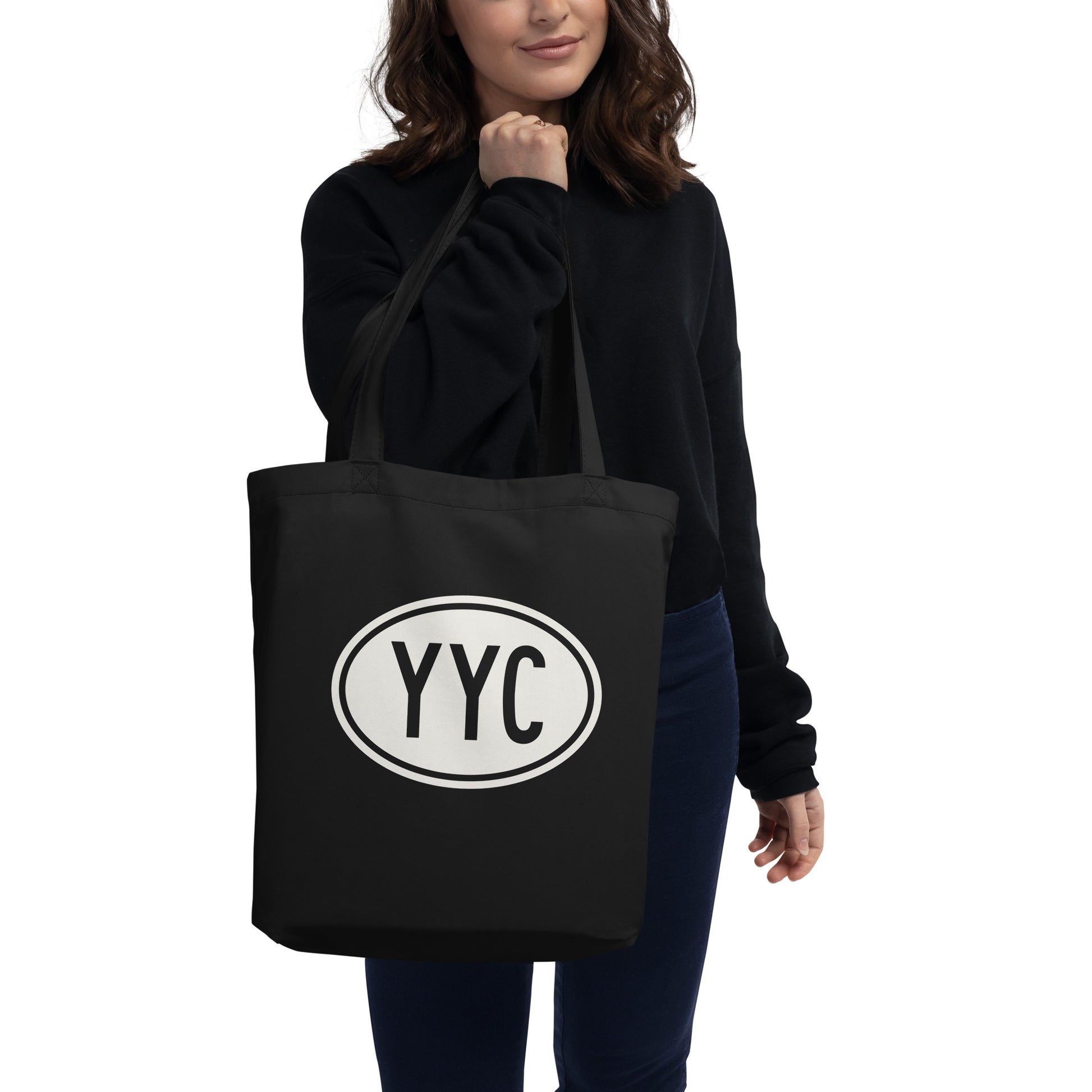 YYC Calgary Organic Tote Bag • Black with Oval Car Sticker Design • YHM Designs - Image 03