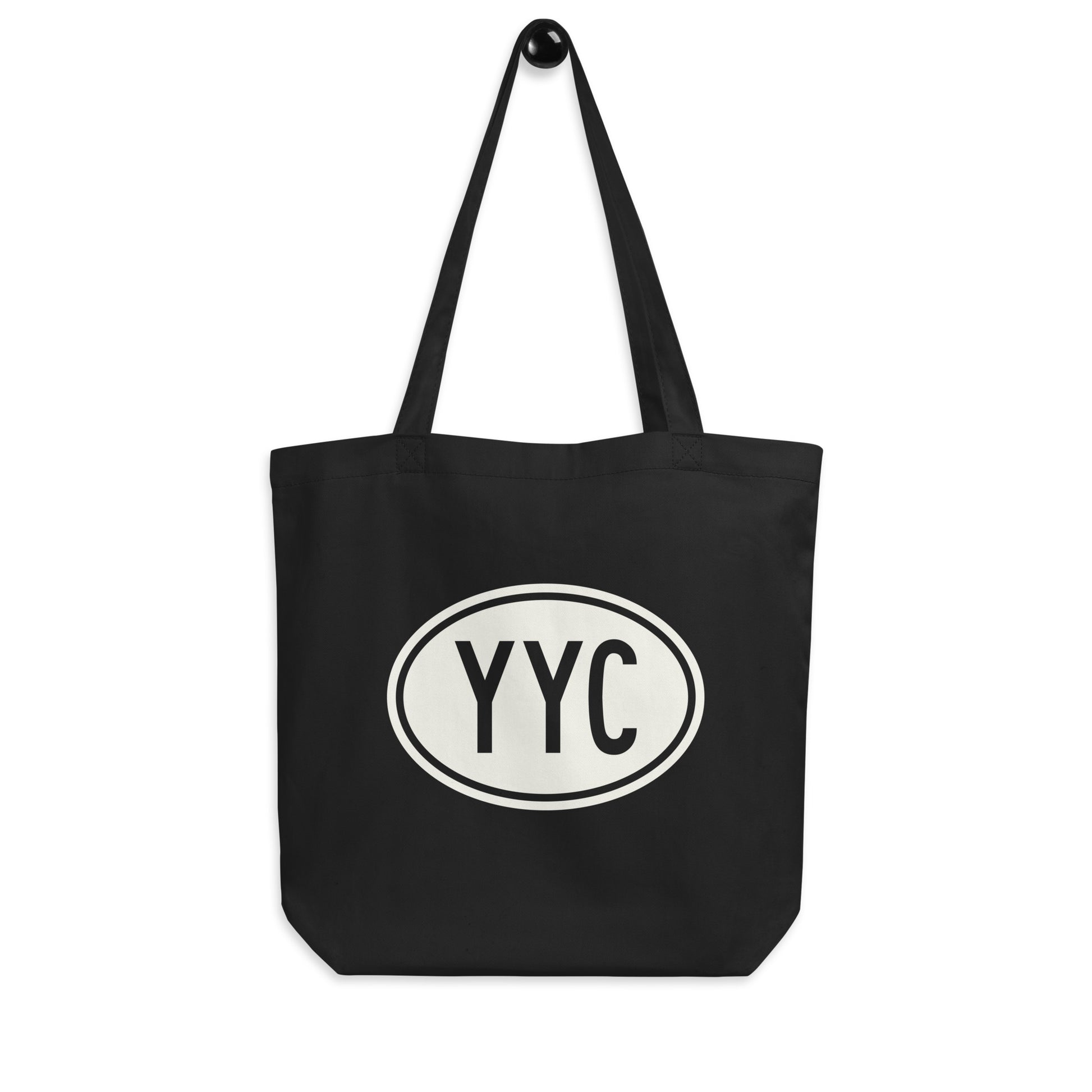 YYC Calgary Organic Tote Bag • Black with Oval Car Sticker Design • YHM Designs - Image 04