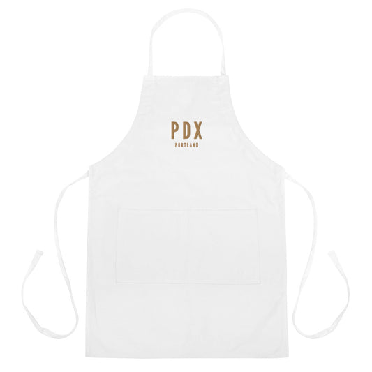 PDX Portland Apron • Airport Code & City Name Embroidered in Old Gold • YHM Designs - Image 01