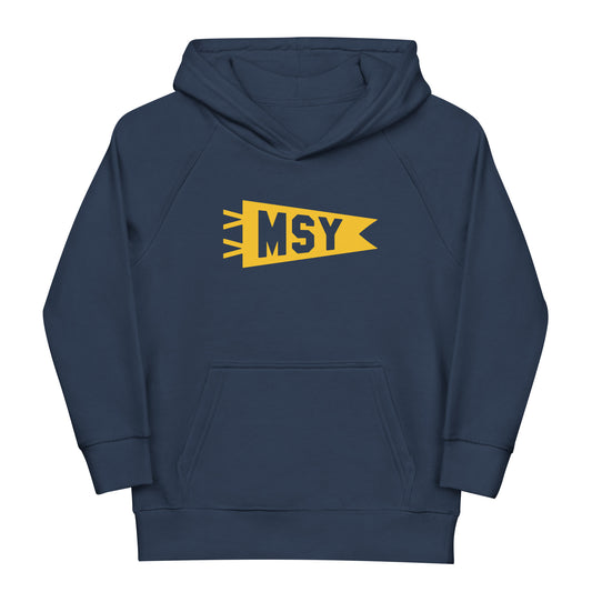 MSY New Orleans Kid's Sustainable Hoodie • Banner Design in Yellow • YHM Designs - Image 02