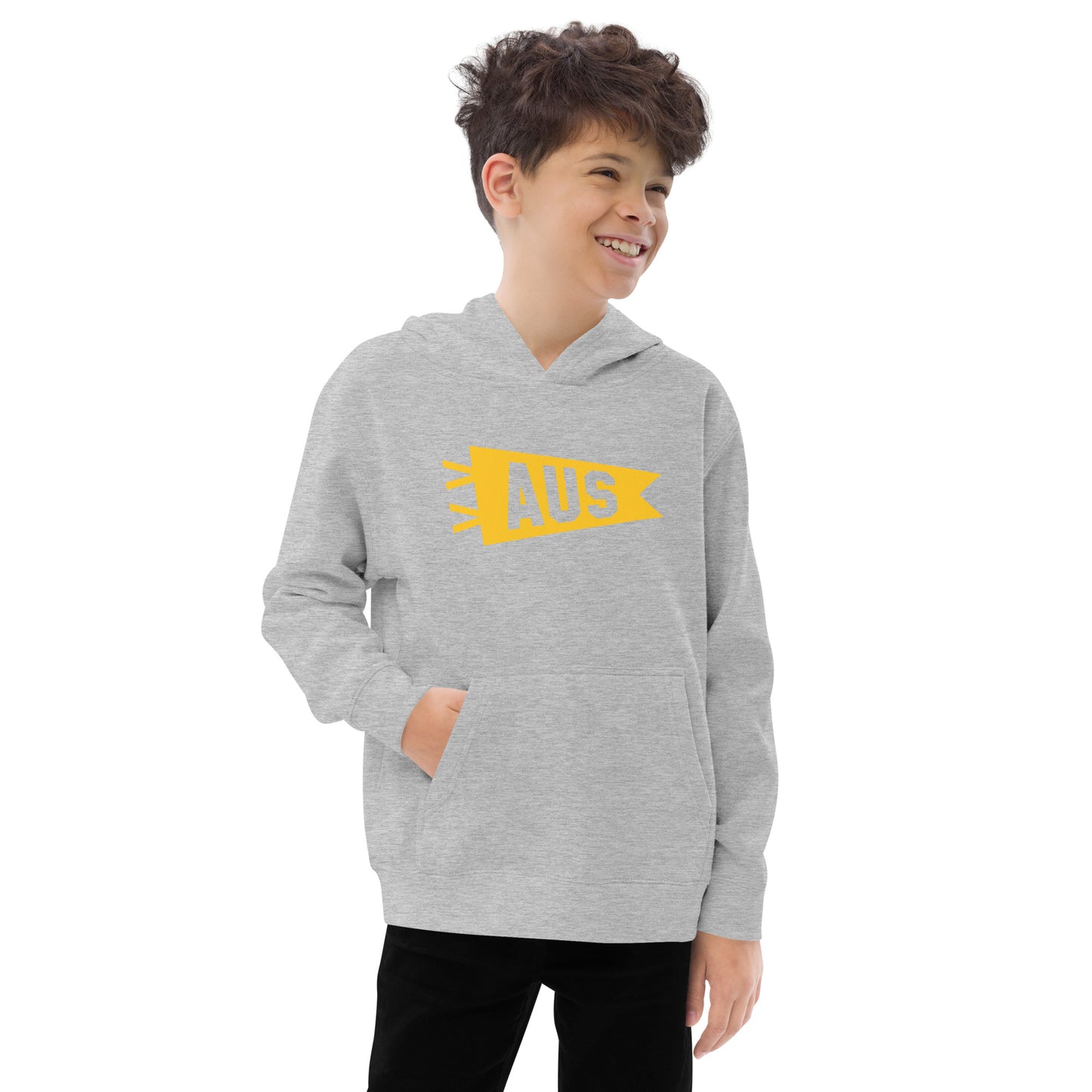 Airport Code Kid's Hoodie - Yellow Graphic • AUS Austin • YHM Designs - Image 10