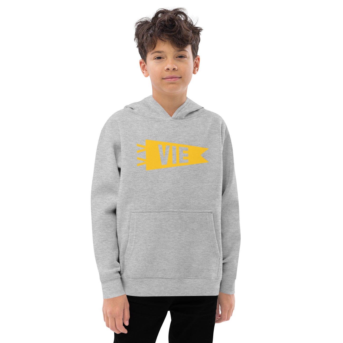 Airport Code Kid's Hoodie - Yellow Graphic • VIE Vienna • YHM Designs - Image 11