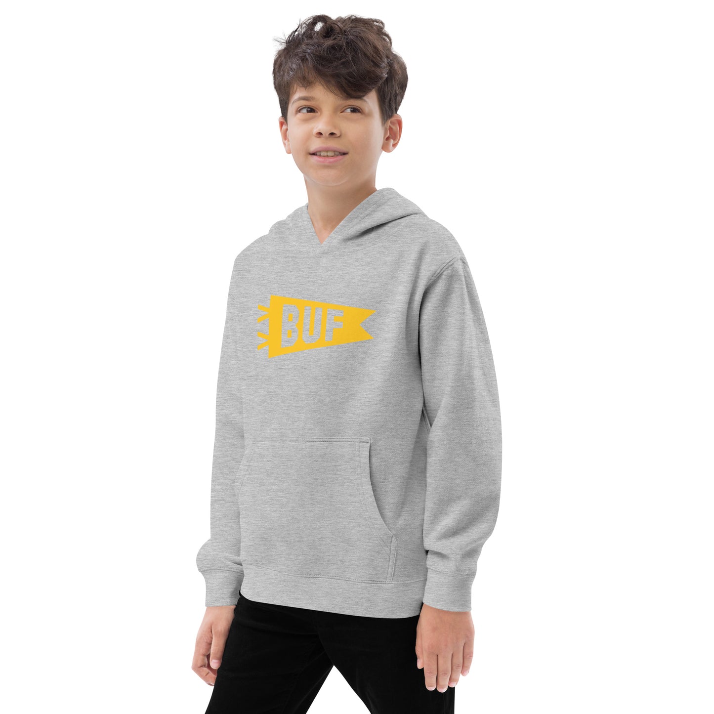 Airport Code Kid's Hoodie - Yellow Graphic • BUF Buffalo • YHM Designs - Image 09