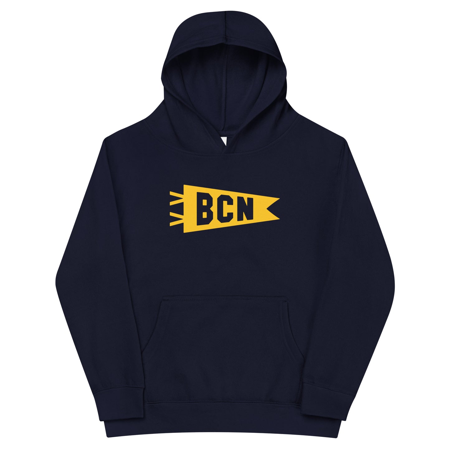 Airport Code Kid's Hoodie - Yellow Graphic • BCN Barcelona • YHM Designs - Image 01