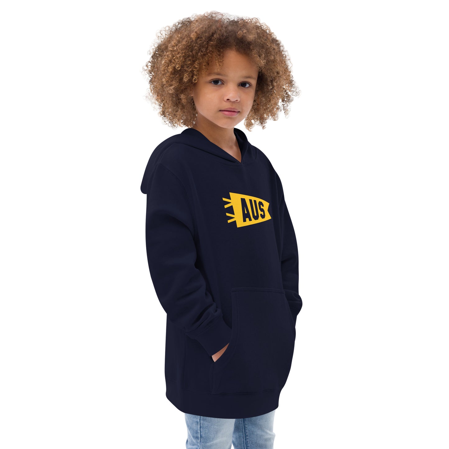 Airport Code Kid's Hoodie - Yellow Graphic • AUS Austin • YHM Designs - Image 06