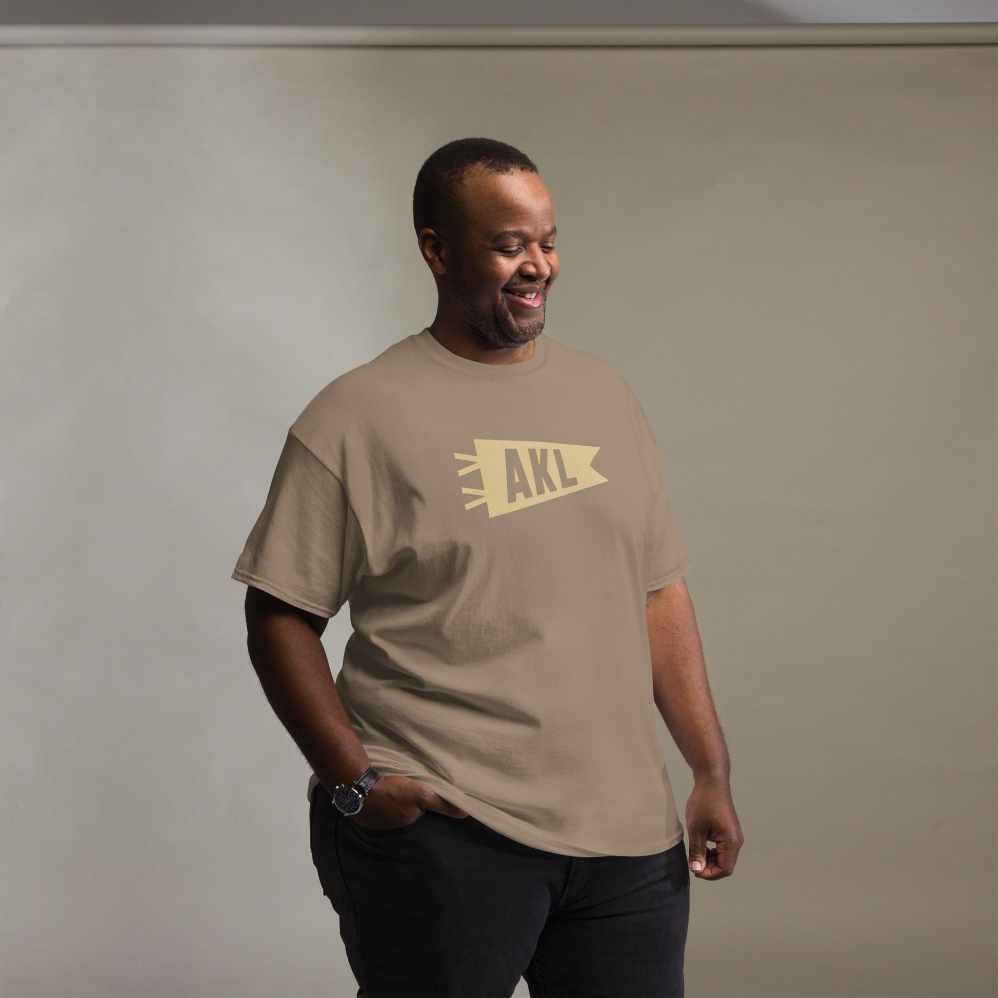 AKL Auckland Men's T-Shirt • Banner Design in Light Brown • YHM Designs - Image 09