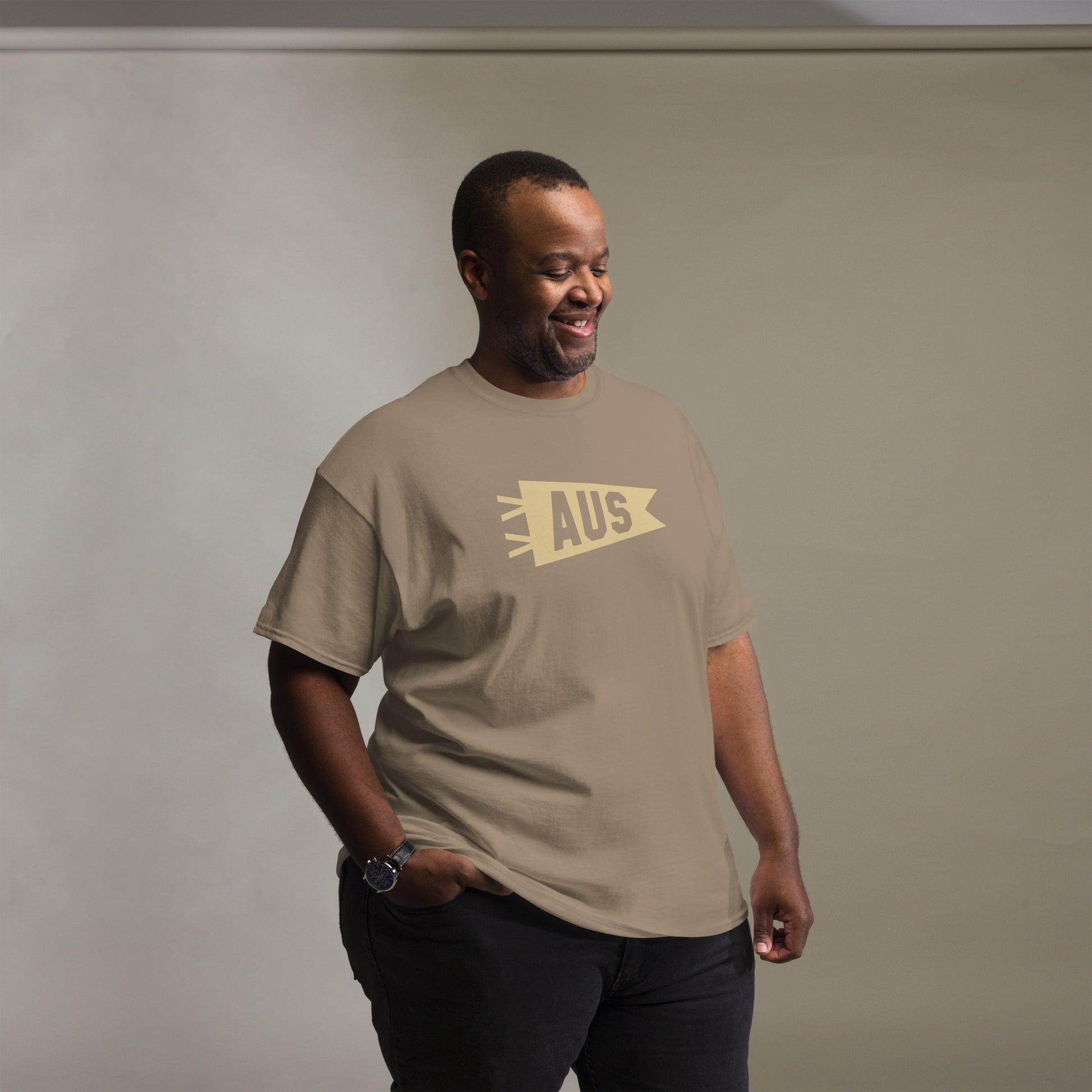 Airport Code Men's T-Shirt - Brown Graphic • AUS Austin • YHM Designs - Image 09