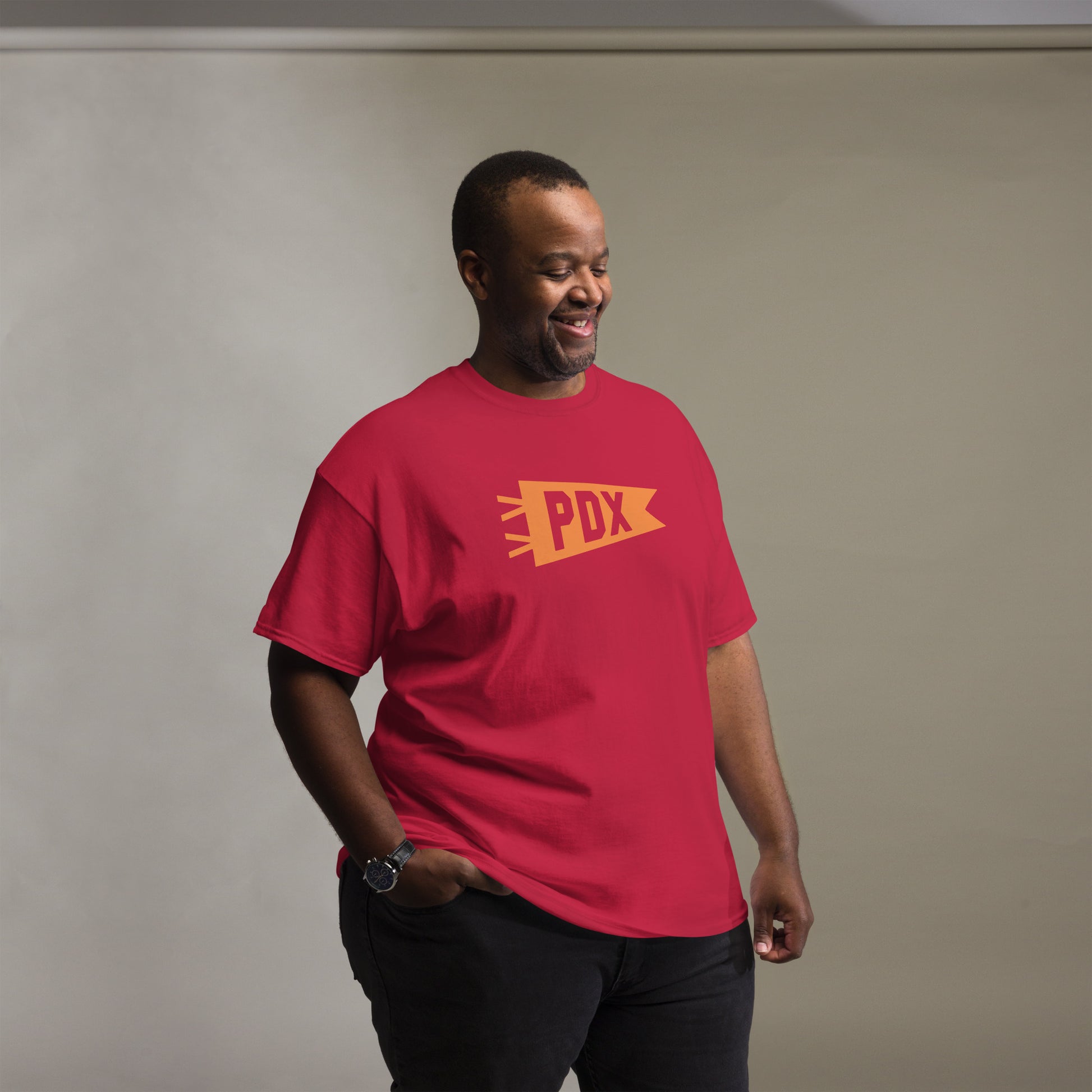 Airport Code Men's T-Shirt - Orange Graphic • PDX Portland • YHM Designs - Image 07