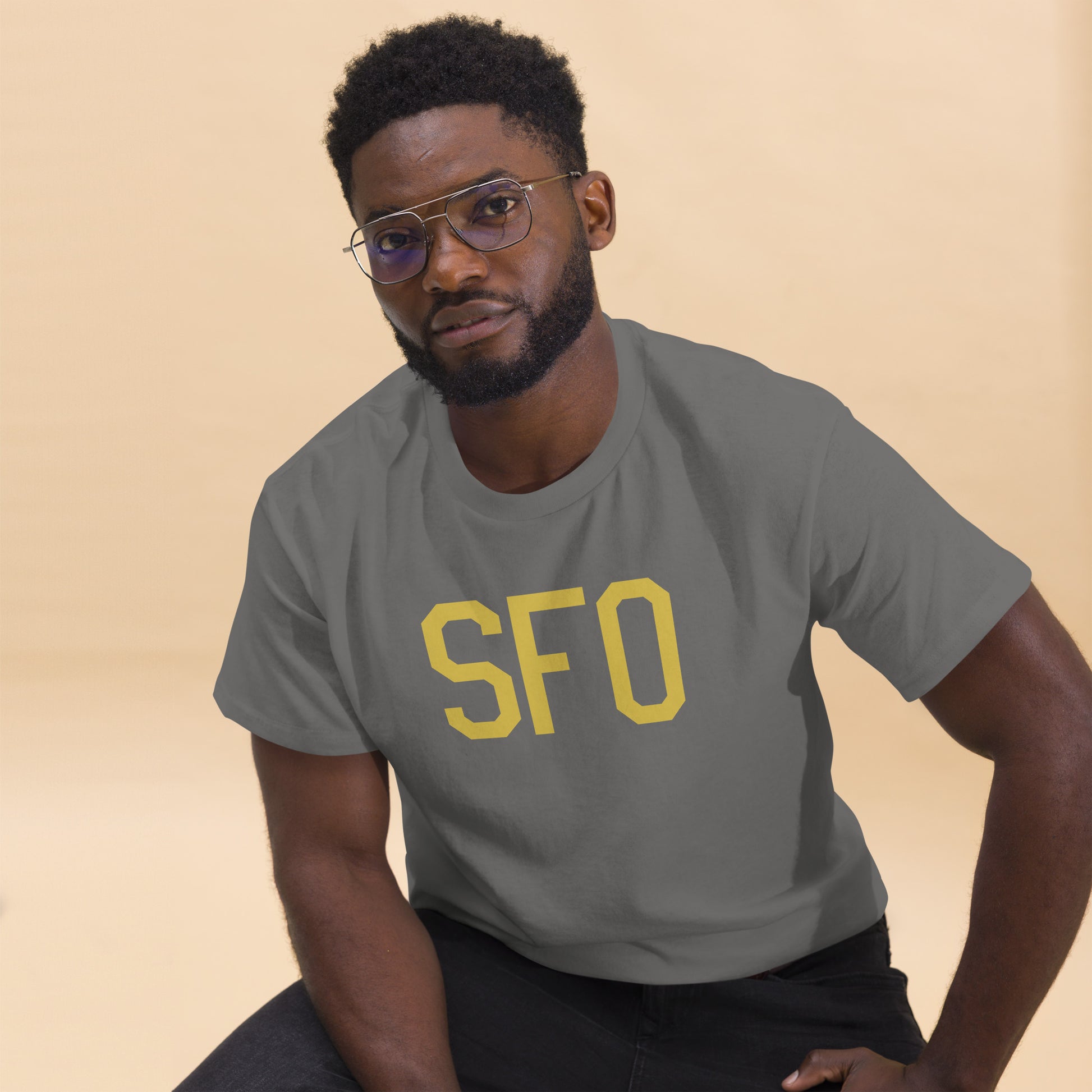 Aviation Enthusiast Men's Tee - Old Gold Graphic • SFO San Francisco • YHM Designs - Image 03